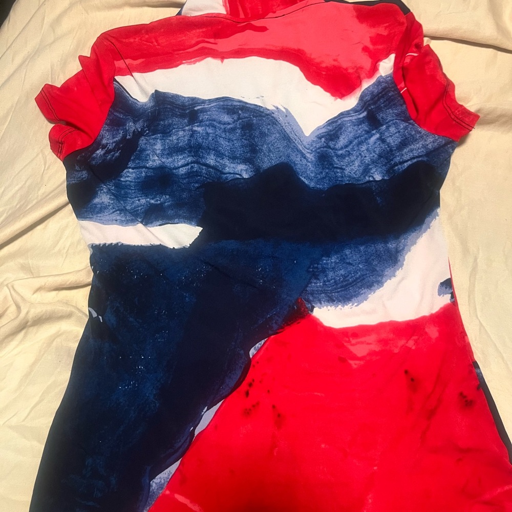 DKNY Red White and Navy Short-Sleeve Faux-Wrap Top - Picture 2 of 2